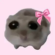 A small gray blob-like character with big black eyes and a pink bow on its head, set against a pink background.