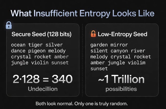 The image illustrates how insufficient entropy appears deceptively similar to a secure random seed, comparing a 128-bit secure seed (2^128 = 340 Undecillion possibilities) against a low-entropy seed using common words (~1 Trillion possibilities), with the caption "Both look normal. Only one is truly random." This visualizes the ColdCard hack vulnerability described, where a misused preprocessor check silently routed hardware RNG to a weak fallback seeded from predictable public data like device serial numbers and timers, making seeds that appeared random but had drastically reduced entropy over 5.5 years.