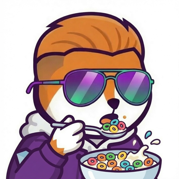 A cartoon illustration of a dog with styled orange hair and purple sunglasses wearing a purple hoodie, eating colorful Froot Loops cereal from a spoon and a bowl of milk.