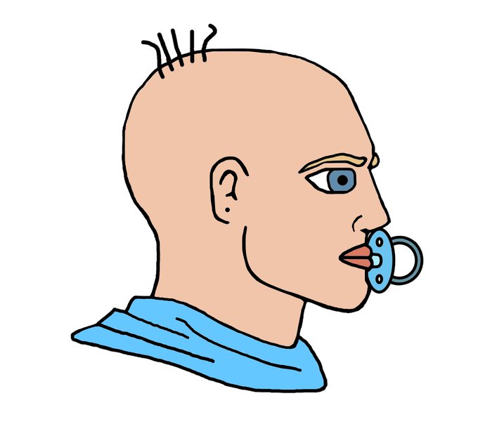 A simple cartoon drawing of a bald man's profile with a few strands of hair sticking up, a blue eye, and a blue pacifier in his mouth, wearing a blue shirt.