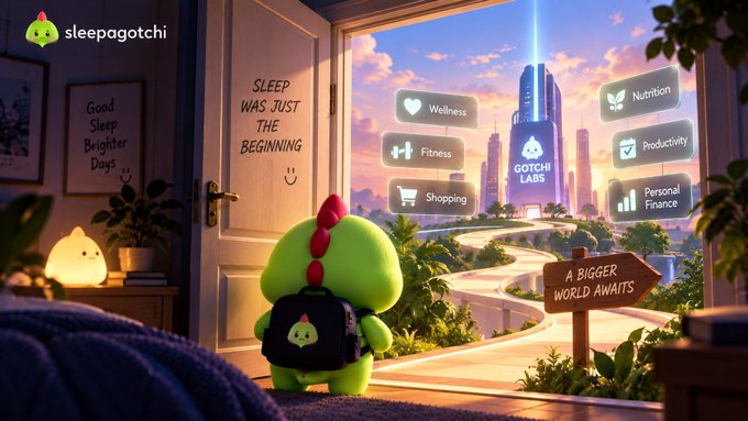 An advertisement for "sleepagotchi" features a green cartoon character with a backpack standing in a bedroom doorway, looking out at a futuristic city skyline with floating menus for Wellness, Fitness, Shopping, Gotchi Labs, Nutrition, Productivity, and Personal Finance.