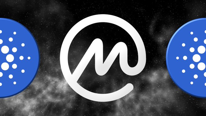 A logo graphic featuring a white stylized 'm' or '@' symbol flanked by two blue circles with white dot patterns against a dark, cloudy background.