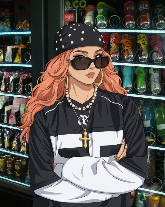 A stylized anime-style illustration of a fashionable woman with long wavy peach-colored hair, wearing a black bandana with white polka dots, dark sunglasses, gold earrings, layered necklaces including a prominent cross pendant, and a black and white athletic jacket with "P" lettering, standing confidently with arms crossed in front of a refrigerated display case stocked with various soda cans (including Fanta).

The image conveys a confident, hip-hop inspired persona fitting for a crypto influencer promoting Beldex's new loyalty quest campaign, with the bold "P" on her jacket serving as a stylistic focal point alongside her flashy jewelry that suggests wealth and status—aligning with the "rewards in stables for mindshare" message.