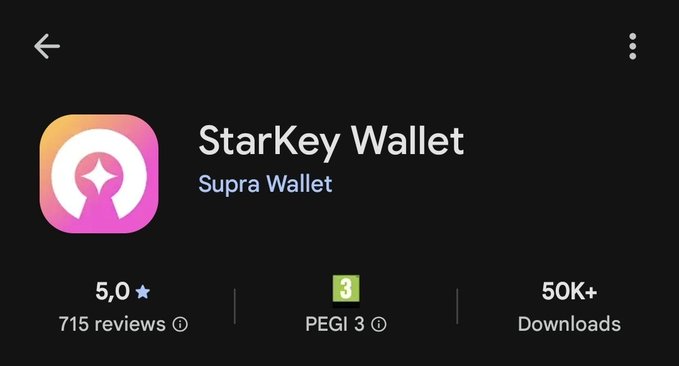 A screenshot of the StarKey Wallet app's Google Play Store page showing a 5.0-star rating with 715 reviews, a PEGI 3 age rating, and 50K+ downloads, illustrating the user's positive experience with the wallet mentioned in the post.