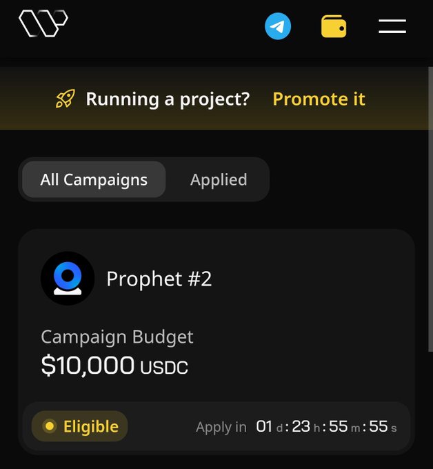 A dark-themed mobile app interface shows a 'Prophet #2' campaign with a $10,000 USDC budget marked as 'Eligible' to apply.
