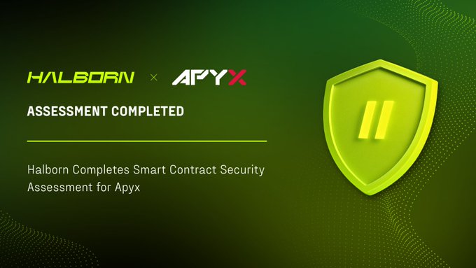 A dark green graphic featuring the Halborn and Apyx logos alongside a green shield icon displays the text "ASSESSMENT COMPLETED" and "Halborn Completes Smart Contract Security Assessment for Apyx," visually announcing the completion of the security audit for the Apyx Dividend-Backed Dollar protocol.