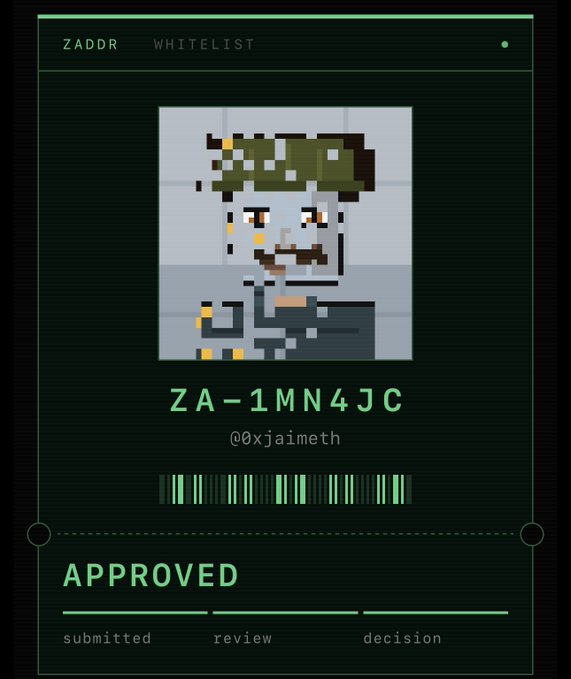 Digital ZADDR whitelist card with pixel art of a character wearing a helmet, showing the address 'ZA-1MN4JC', username '@xjaimeth', and status 'APPROVED' at the bottom with progress indicators for 'submitted', 'review', and 'decision'.