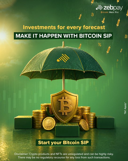 A Zebpay Bitcoin Mein Pro ad featuring a green umbrella shielding a golden Bitcoin shield atop stacked gold coins, with the headline "Investments for every forecast – Make it happen with Bitcoin SIP" and a call-to-action "Start your Bitcoin SIP," complemented by a disclaimer that crypto products are unregulated and risky. The umbrella imagery reinforces the post's message about maintaining disciplined, consistent Bitcoin investments to weather any market cycle.