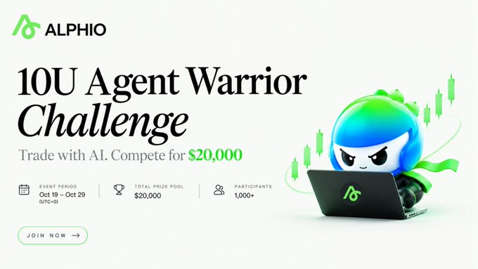 A promotional banner for the "ALPHIO 10U Agent Warrior Challenge" offering a $20,000 prize pool from Oct 19-29, featuring a cartoon blue warrior character at a laptop with candlestick charts.