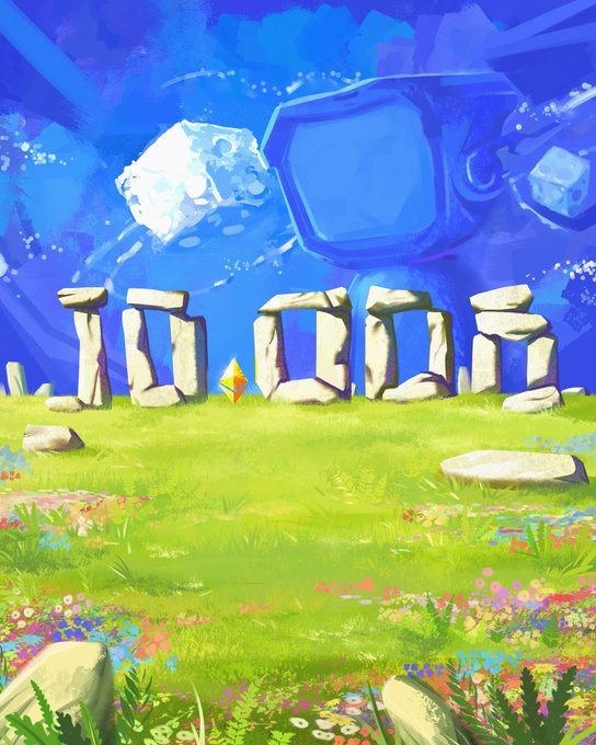 An illustrated scene of Stonehenge standing in a grassy field with colorful wildflowers under a bright blue sky with floating rock formations.
