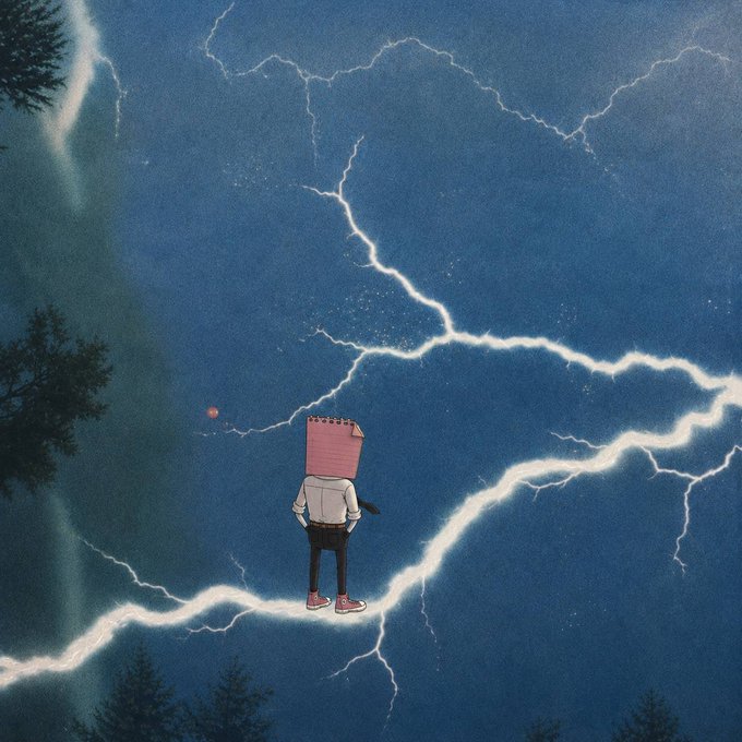 A lone figure with a notepad for a head stands amid a dramatic sky of crackling lightning and dark silhouettes of pine trees, evoking the storm of layoffs while holding steady in the chaos. The image mirrors the post's defiant message about weathering the "same group pushing layoff" and reaffirming that "the thesis is still playing out in real time"—standing firm against the storm signals resilience, not retreat, for $LAYOFF and the @LayoffAI community.