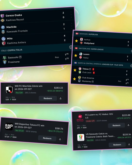 A digital interface displaying various sports betting predictions and scores, including teams like Cerezo Osaka, Kashiwa Reysol, and FC Luzern vs. FC Vaduz, with betting tips and odds.