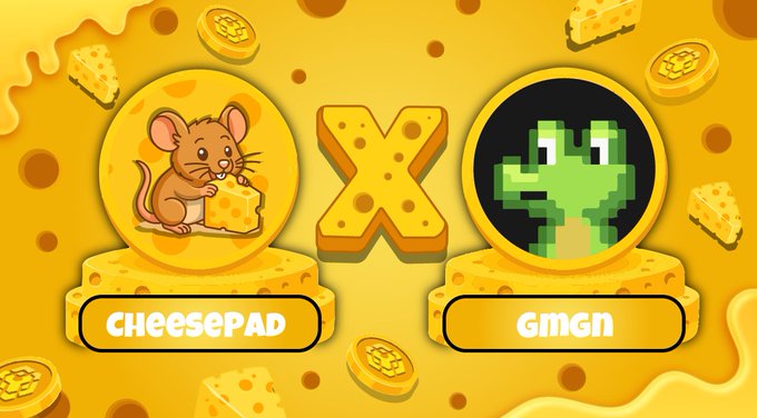 A vibrant yellow promotional graphic features a mouse holding cheese labeled "Cheesepad" on the left, an "X" in the center styled like cheese, and a pixelated green character labeled "GMGN" on the right, visually announcing the integration between CheesePad and GMGN. The cheese-themed design and character mascots reinforce the branding, with the image directly illustrating the post's announcement of a new CheesePad badge appearing on GMGN for launched tokens.