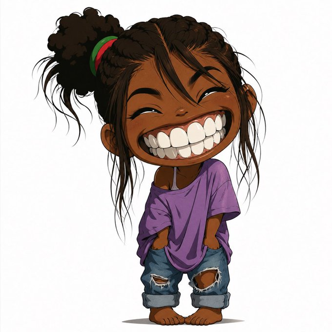A cartoon-style illustration of a cheerful young girl with dark curly hair in a bun, wearing an oversized purple shirt and ripped jeans, displaying a wide, toothy grin.
