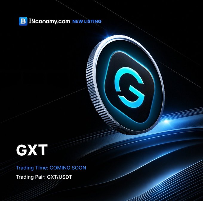 The image is a promotional graphic from Biconomy.com announcing a new listing for the GXT token, featuring a stylized blue and black coin with a "C"-shaped logo and the text "GXT" along with "Trading Time: COMING SOON" and "Trading Pair: GXT/USDT," visually supporting the announcement that the GXT/USDT spot trading pair will soon be available on the exchange.