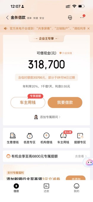 The image shows a mobile screen of a Chinese lending app called "金条借款" (Jin Tiao Lending) displaying a credit limit of 318,700 yuan with an interest rate of 20%, reinforcing the post's bullish sentiment by showing the user has significant borrowing capacity available to invest.