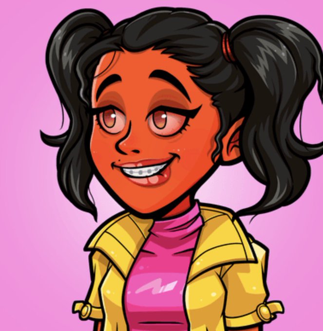 A cartoon-style portrait of a smiling girl with orange skin, black hair in pigtails, braces, wearing a yellow jacket over a pink turtleneck against a pink background.