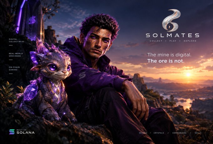 A promotional image for 'SOLMATES' showing a young man sitting with a small purple crystal creature on a cliff at sunset, with text 'The mine is digital. The ore is not.' and 'BUILT ON SOLANA'.