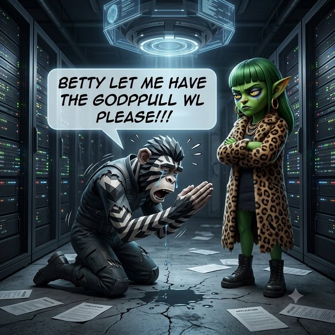 A humorous digital illustration showing a crying, kneeling zebra-striped character begging 'BETTY LET ME HAVE THE GODPULL WL PLEASE!!!' to a stern green-skinned elven woman in a leopard-print coat inside a server room.