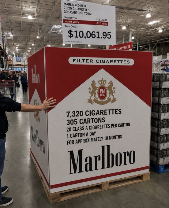 A massive display pallet of Marlboro Red cigarettes at a wholesale warehouse, advertised as 305 cartons (7,320 cigarettes) for $10,061.95, enough for about 10 months of smoking—illustrating the staggering scale and cost of bulk cigarette purchases that might surprise European consumers.
