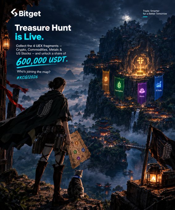 Bitget promotional graphic titled 'Treasure Hunt is Live' featuring a fantasy warrior with a map and cat overlooking a mountainous temple, advertising 600,000 USDT in rewards with hashtags #KCG12026 and categories Crypto, Commodities, Metals & US Stocks.