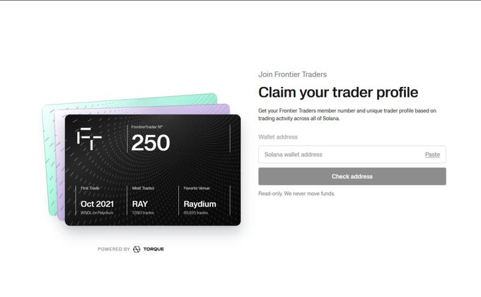 A landing page titled "Join Frontier Traders" with "Claim your trader profile" prompt invites users to paste their Solana wallet address to generate a personalized "FrontierTrader™" card (numbered 250, dated Oct 2021, featuring the token RAY on Raydium), illustrating how the Frontier Traders platform creates custom Original Member cards based on a user's Solana trading history.