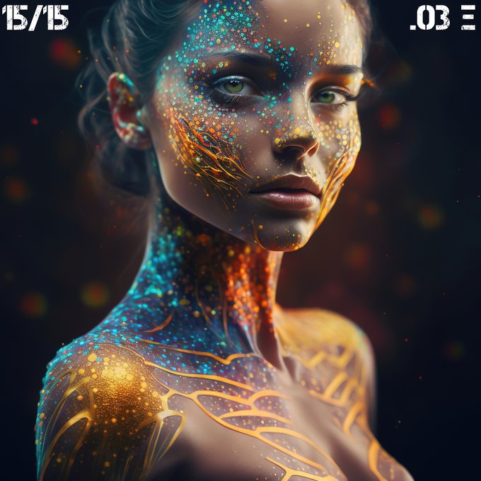 Digital art portrait of a woman with colorful glowing particles in blue, orange, and gold covering her face, neck, and shoulder, with '15/15' in the top left and '.03' in the top right.