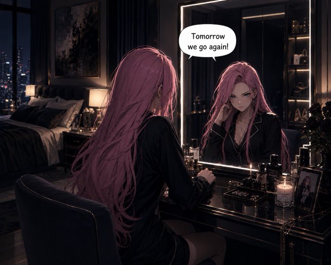 An anime-style illustration of a pink-haired woman in black pajamas sitting at a vanity mirror with a speech bubble reading 'Tomorrow we go again!'