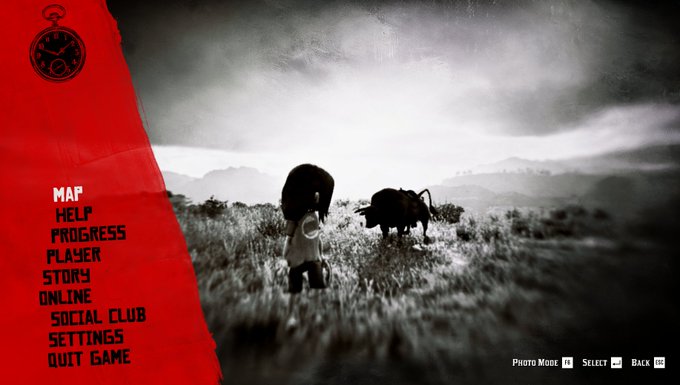 A menu screen from a video game with a red sidebar listing options (MAP, HELP, PROGRESS, PLAYER, etc.), set against a black and white image of a doll-like figure and a bovine creature in a field.