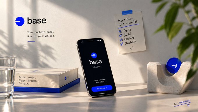 The image showcases Base's wallet marketing featuring a smartphone displaying the "base wallet" app, alongside handwritten-style notes reading "More than just a wallet" with checked items (Trade, Build, Explore, Onchain), and books captioned "Better tools. Bigger dreams. Onchain." with the tagline "Your onchain home. Now in your wallet." This visual reinforces the post's point about onchain transaction metadata providing crucial business context beyond simple value transfer.