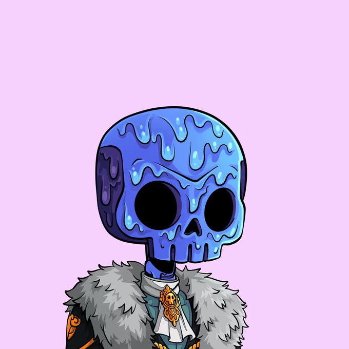 A digital illustration of a character with a melting blue skull-like face, hollow black eyes, and blue dripping patterns, wearing a fur-collared garment with a gold pendant on a pink background.