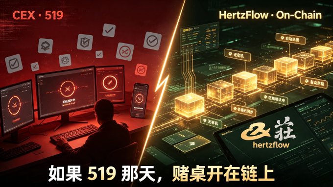 A promotional banner comparing "CEX · 519" (depicting a person at red-lit trading screens) versus "HertzFlow · On-Chain" (showing glowing blockchain nodes), with Chinese text reading "如果 519 那天，赌桌开在链上" (If that day on May 19, the gambling table was on the chain).