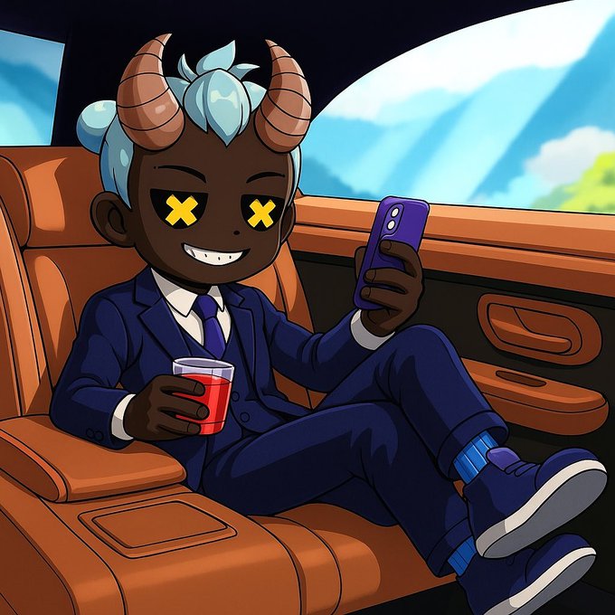 A cartoon illustration of a character with blue hair, brown horns, and yellow X's over their eyes, wearing a blue suit and sitting in a leather car seat while looking at a purple phone and holding a red drink.