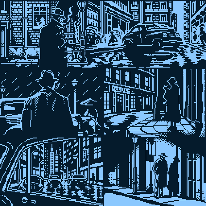 A blue-toned pixel art illustration divided into four panels depicting mysterious silhouettes of figures wearing hats and coats in a noir-style urban setting.