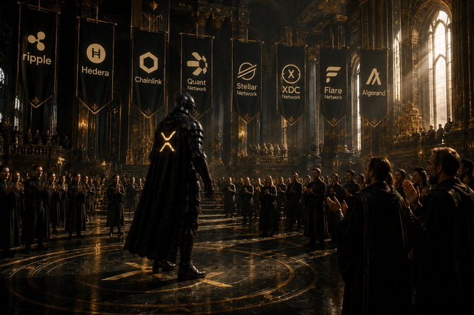 A lone armored figure stands in a grand, cathedral-like hall adorned with banners of blockchain networks—Ripple, Hedera, Chainlink, Stellar, Quant Network, XDC, and Algorand—while robed crowds look on in reverence. The image serves as a powerful metaphor for the XRP, HBAR, QNT, XLM, XDC, and ALGO communities as pioneers of a new financial era, suggesting these early believers will one day be recognized as the architects of a transformed financial system.
