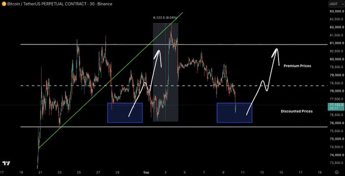 A Bitcoin/TetherUS perpetual contract chart on Binance shows a historical 8.04% rally from 6,123.5 to a premium zone (~$80k), with two highlighted discounted price zones (~$77.5k) suggesting potential bounce setups. The post "Not worried. bounce.exe $BTC" aligns with the chart's bullish annotation indicating expected price recovery from the current discounted level toward the premium zone around $80k.