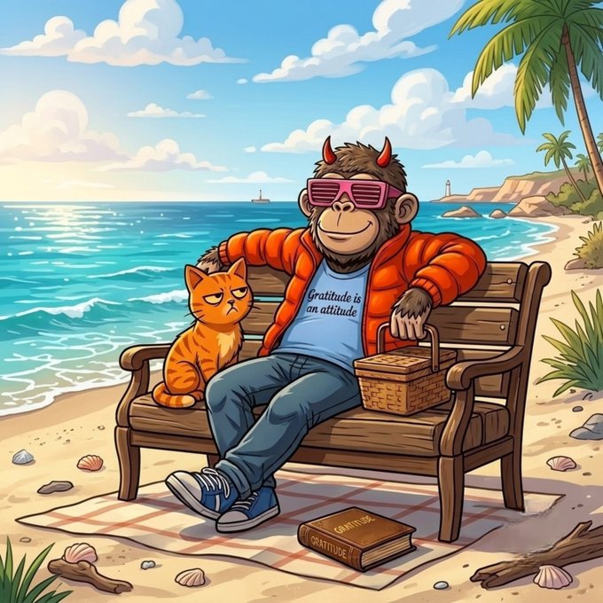 An illustration of a devilish monkey wearing pink shutter shades and an orange jacket sitting on a beach bench with an orange cat, wearing a shirt that says "Gratitude is an attitude," with a book labeled "GRATITUDE" on the ground.