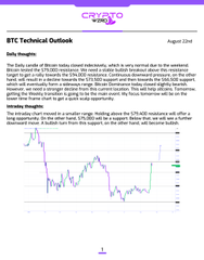 The image shows a BTC Technical Outlook from August 2046, featuring a daily candlestick chart of Bitcoin with green and red candles, alongside analysis text discussing indecisive closing, the need for healthy daily candles, expected volatility during the weekly transition, and key resistance level of $79,400 with support at $75,000.