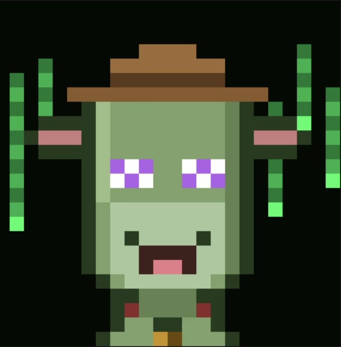 A pixel-art style illustration of a cute, green cactus-like creature wearing a brown cowboy hat, featuring purple pixel eyes and a smiling mouth.