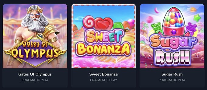 Three Pragmatic Play slot game thumbnails—Gates of Olympus, Sweet Bonanza, and Sugar Rush—are displayed side by side for a "pick one" selection.