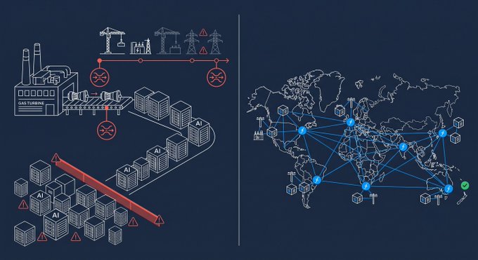 This illustration depicts GE Vernova's gas turbines powering AI data centers, and a global network of Filecoin providers utilizing existing power infrastructure. The image visually represents how GE Vernova's substantial gas turbine backlog can support the expanding demand for power in a globally connected digital ecosystem.