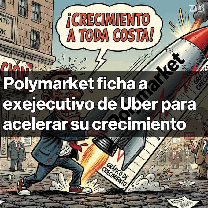 A Spanish-language meme showing a panicked businessman riding a rocket labeled 'Polymarket' upward, with a speech bubble reading '¡CRECIMIENTO A TODA COSTA!' and overlaid text stating 'Polymarket ficha a exejecutivo de Uber para acelerar su crecimiento'.
