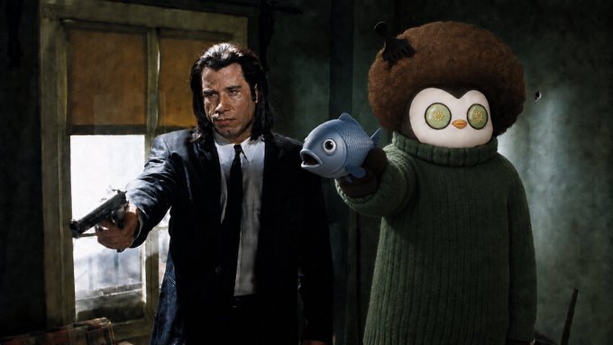 A composite image showing John Wick in his signature black suit holding a gun, standing next to a bizarre hybrid creature featuring a duck head with an afro wearing a green sweater.