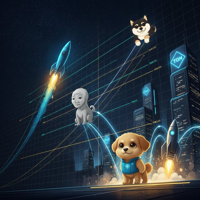 An AI-generated image featuring various characters and animals including Shiba dogs, a cat, and a Wojak meme character with rockets soaring upward against a dark cityscape with 'TON' logos on buildings.