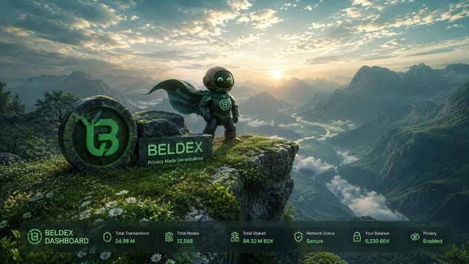 A dashboard for the Beldex cryptocurrency featuring a cartoon superhero mascot overlooking a mountainous landscape, with stats like Total Transactions (24.98 M), Total Nodes (12,568), and Total Staked (84.32 M BDX).