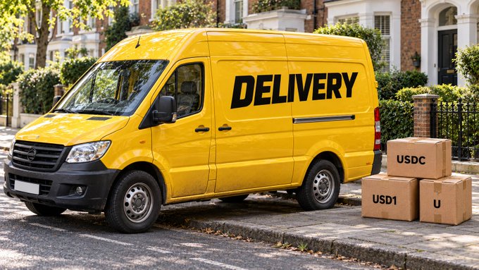 A bright yellow "DELIVERY" van is parked on a city street beside three cardboard boxes labeled "USDC," "USD1," and "U," visually representing the zero-fee promotion for moving these three stablecoins on eligible BNB Chain routes through October 31. The image cleverly uses the delivery metaphor to symbolize the seamless transport of stablecoins across the network.