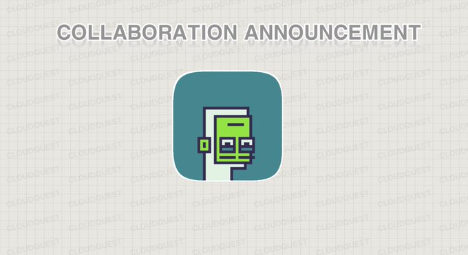A "Collaboration Announcement" graphic featuring a pixel-art robot character inside a teal app icon, watermarked with "CloudQuest" branding across the background, promoting a partnership with Novas and a drop on Robinhood.