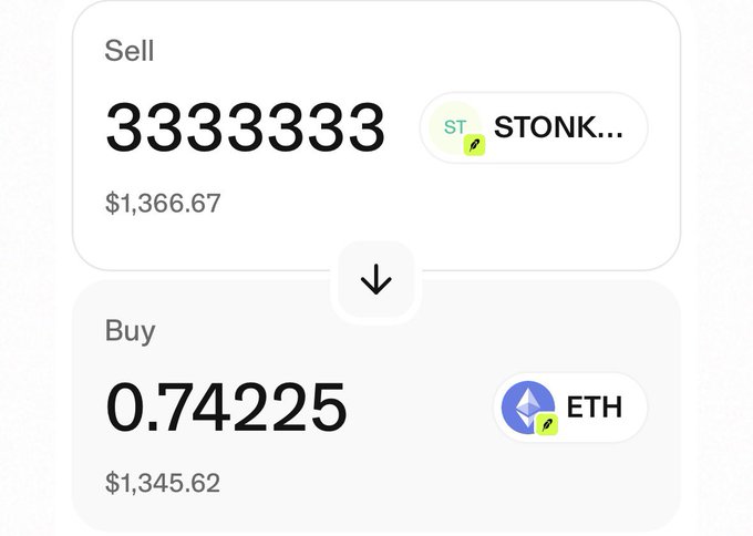 A crypto trading interface on StonkBroker by Clutch Markets displays a sell order for 3,333,333 STONK tokens at $1,366.67 and a buy order for 0.74225 ETH at $1,345.62, illustrating the user's reported growth from a 0.02 ETH investment to over 0.74 ETH through buying, holding, and minting.
