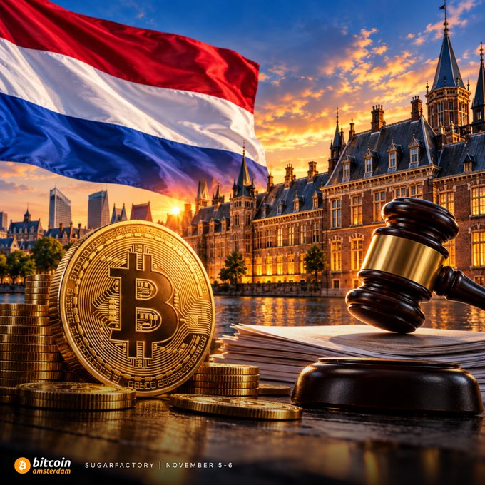 A promotional image for 'bitcoin amsterdam' at 'SUGARFACTORY NOVEMBER 5-6' features a Dutch flag, the Dutch parliament building at sunset, a Bitcoin coin, gold bars, and a judge's gavel.