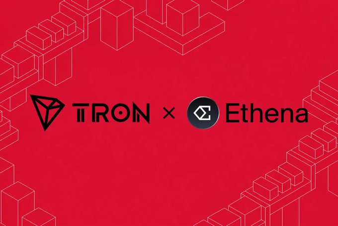 A red promotional graphic featuring the logos 'TRON' and 'Ethena' separated by a multiplication sign '×', set against a background of geometric line-art blocks.